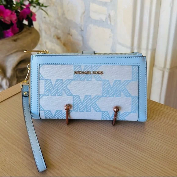 Michael Kors Mirella Graphic MK sky blue satchel Handbag&wallet NWT Authentic - Picture 11 of 14